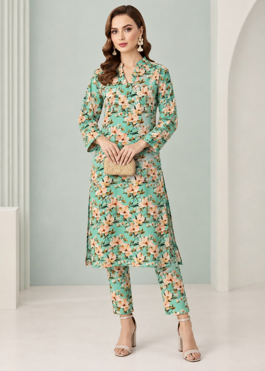 A woman models a mint green floral printed kurta set with matching pants, holding a small woven clutch in a minimalist studio setting with white columns and arches.