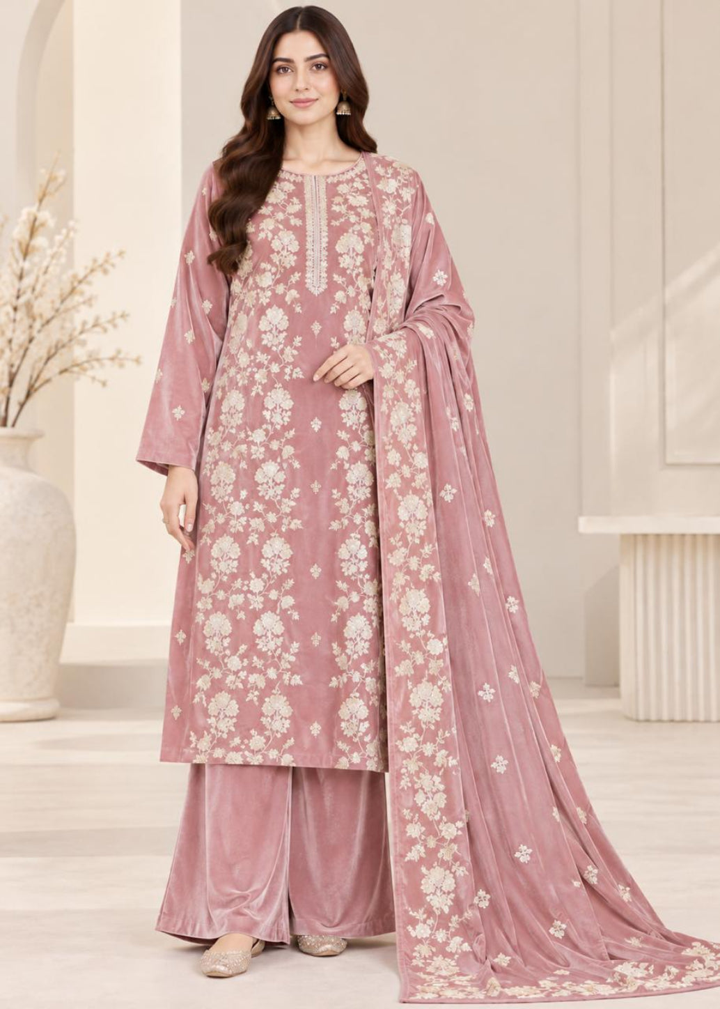 A woman models a dusty pink three-piece salwar kameez suit with white floral embroidery, featuring a long kurta, matching trousers, and a draped dupatta, set against a neutral indoor background.