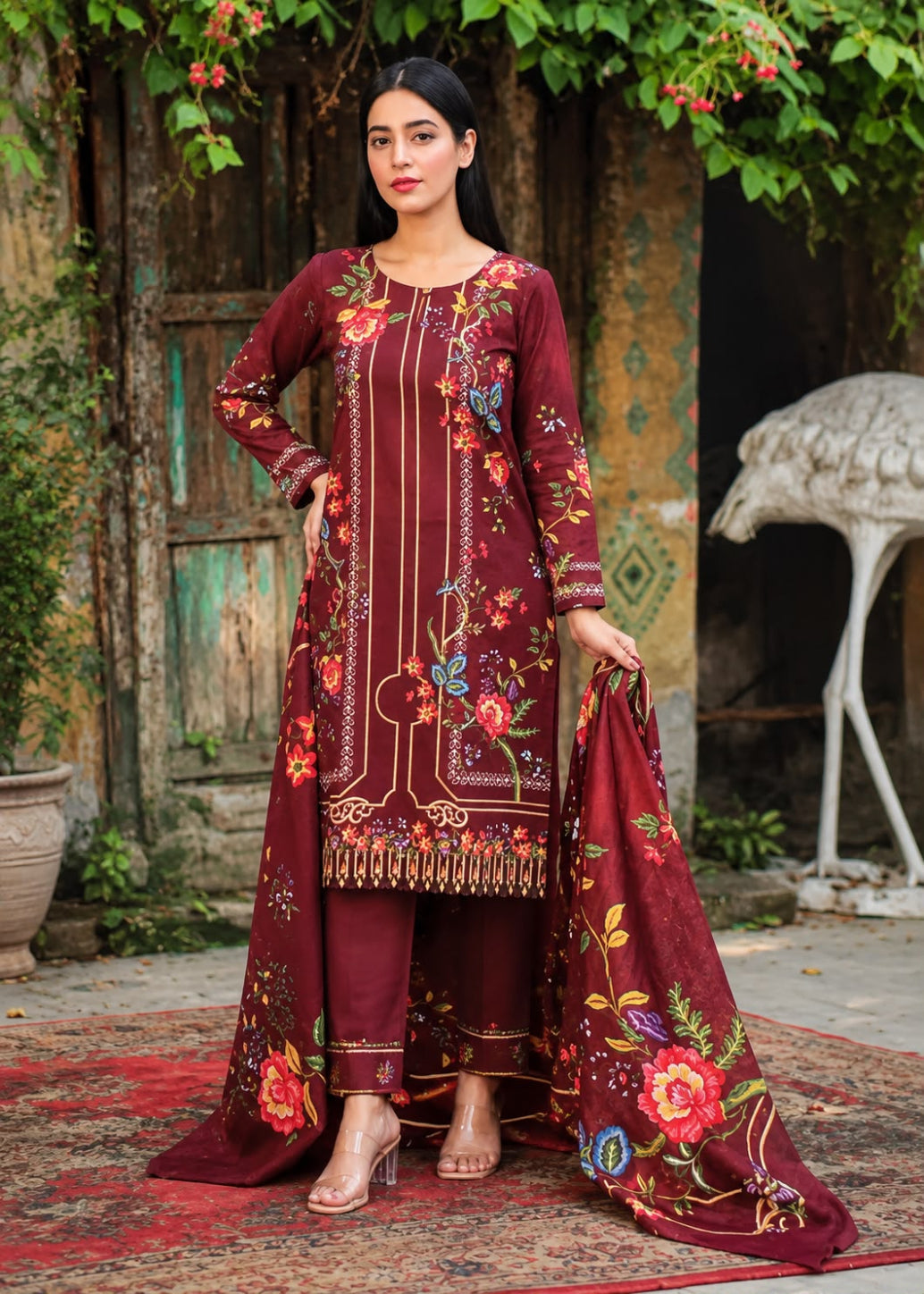 A woman models a three-piece traditional South Asian salwar kameez suit in deep maroon/burgundy with vibrant floral embroidery in red, yellow, and green, set against an outdoor rustic backdrop with a large white bird statue.