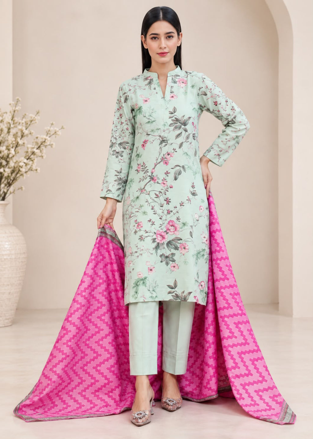 A woman models a light mint green floral printed kurta with matching pants and a bright pink patterned dupatta, set against a neutral beige background with a decorative vase.