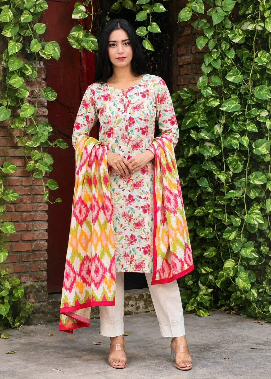 A woman stands outdoors wearing a floral printed kurta with a matching dupatta featuring a pink, yellow, and white ikat pattern, paired with off-white pants and clear high-heeled sandals. She is posed in front of a brick wall and a wall covered in green ivy.