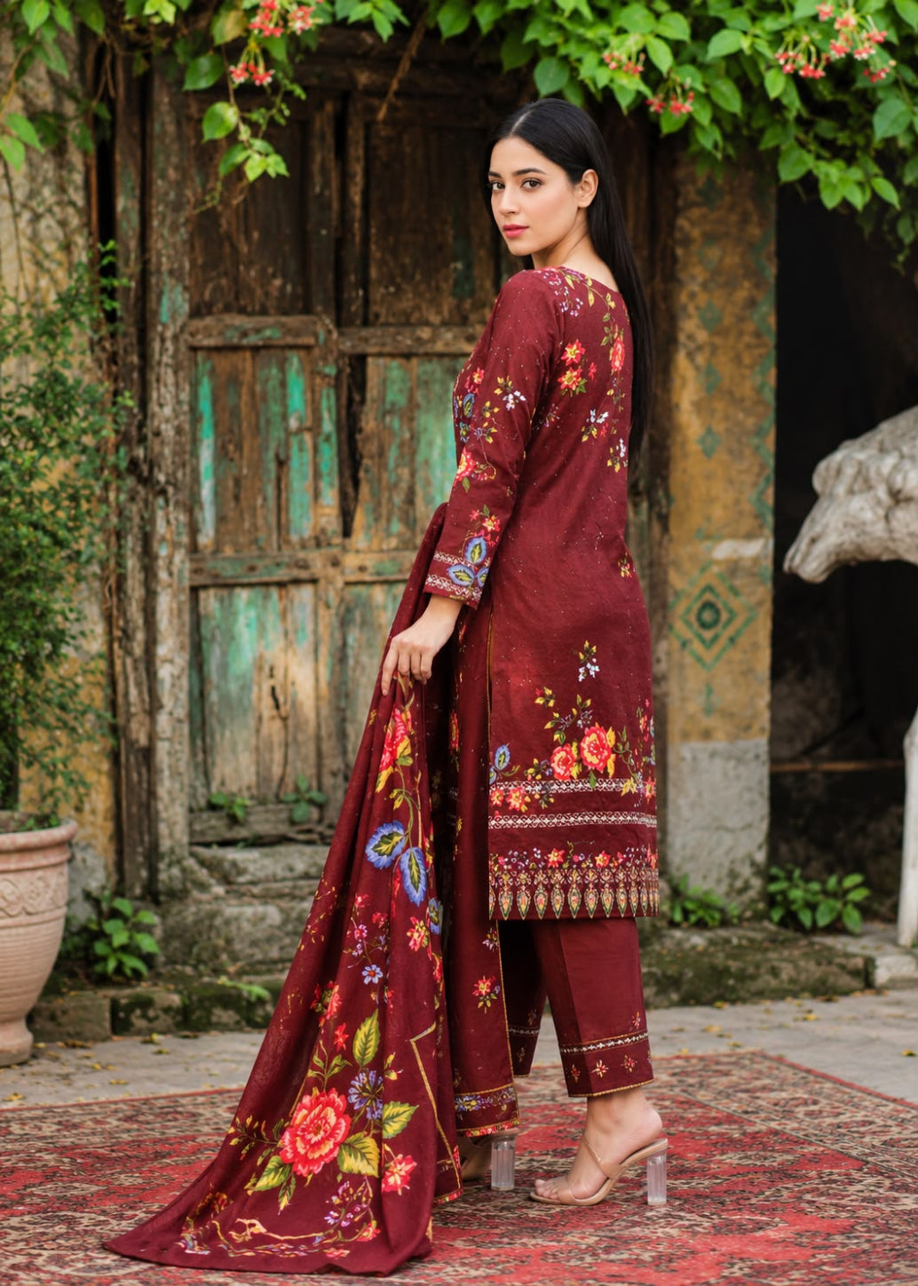 A woman models a three-piece maroon ethnic suit with floral embroidery, standing in front of a rustic wooden door and green foliage. The set includes a long kurta, matching trousers, and a dupatta.