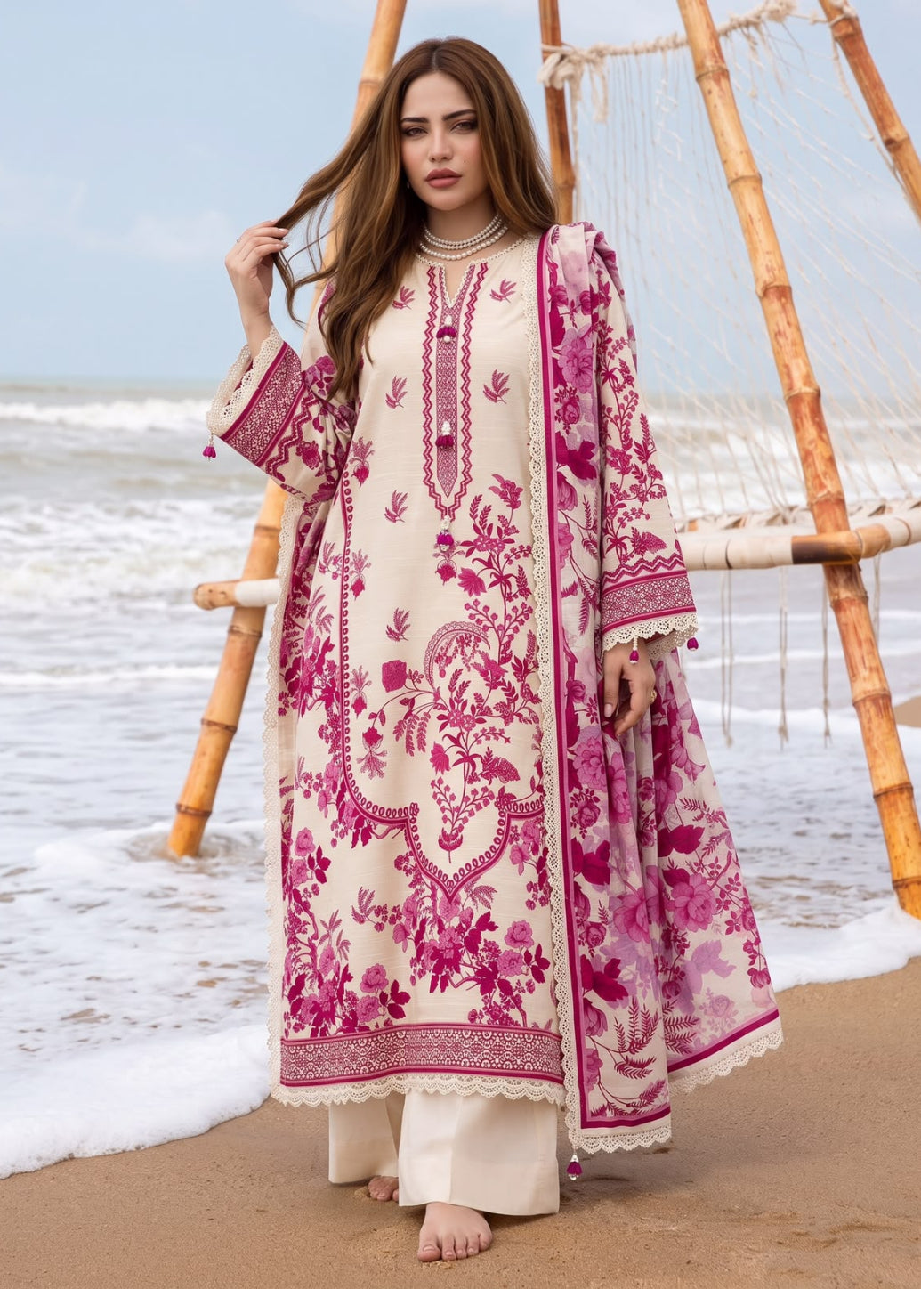 A woman stands barefoot on a sandy beach wearing a long cream-colored traditional outfit with bright pink floral embroidery and matching embroidered dupatta. The background features the ocean waves and a bamboo structure.