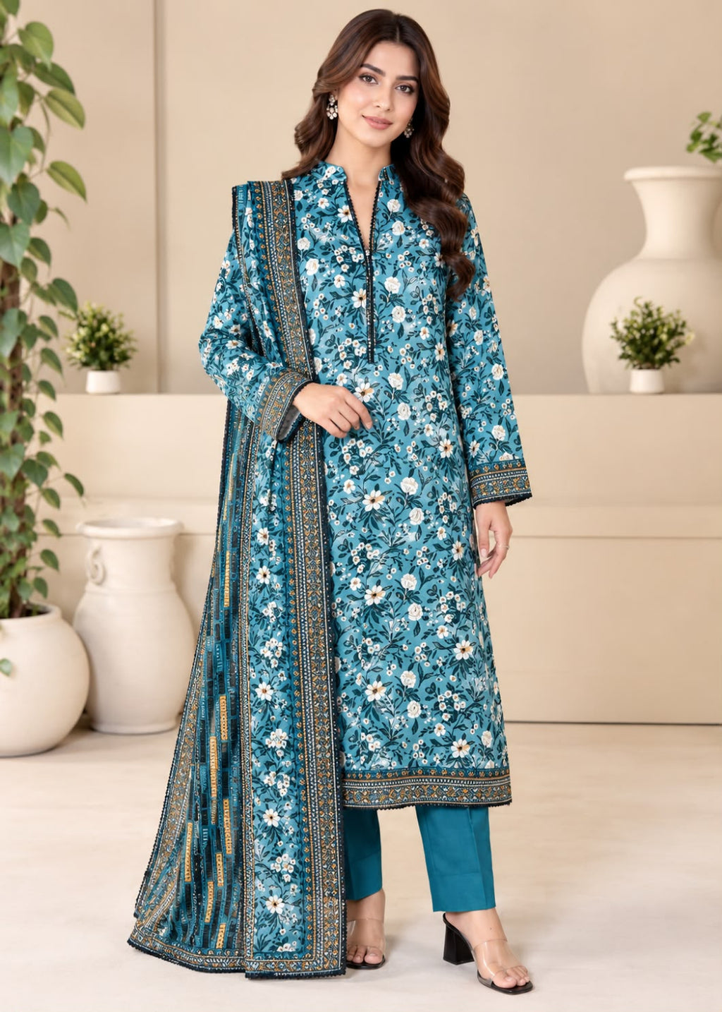 A woman models a traditional Indian salwar kameez suit set in a styled indoor setting. The set features a teal blue printed kurta with white and yellow floral motifs and gold borders, paired with matching teal pants and a coordinating dupatta.