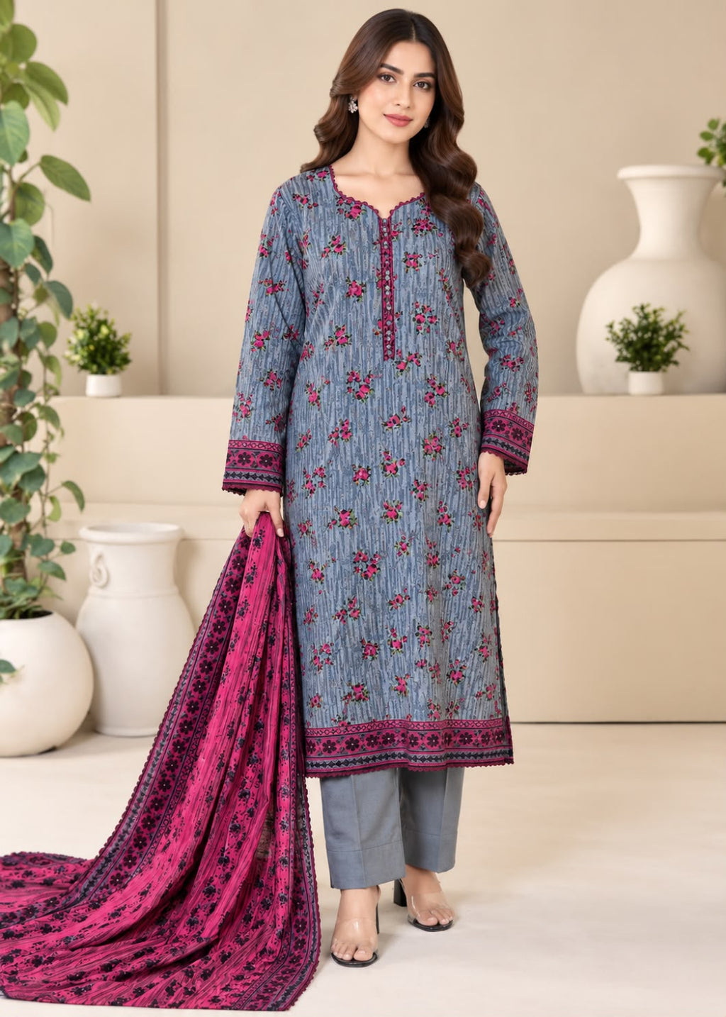 A woman models a traditional Indian salwar kameez suit set. The set features a slate blue-gray kameez kurta with red floral embroidery and a magenta border, paired with matching gray trousers and a vibrant magenta dupatta with black patterns.