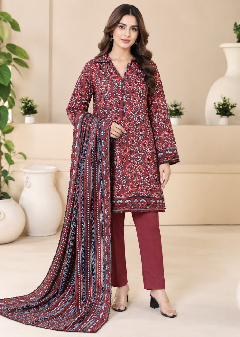 A woman models a three-piece salwar kameez suit set featuring a red and navy floral printed kurta, matching trousers, and a coordinating printed dupatta, set against a warm beige background with decorative white vases.