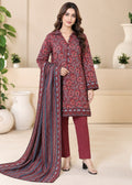 A woman models a three-piece salwar kameez suit set featuring a red and navy floral printed kurta, matching trousers, and a coordinating printed dupatta, set against a warm beige background with decorative white vases.