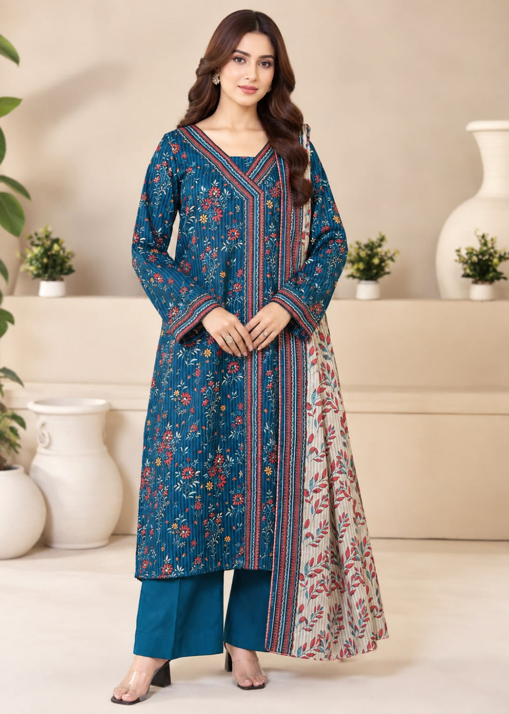 A woman models a long teal blue printed kurta with red and gold border details, paired with matching teal wide-leg pants in a styled indoor setting with beige walls and white vases.