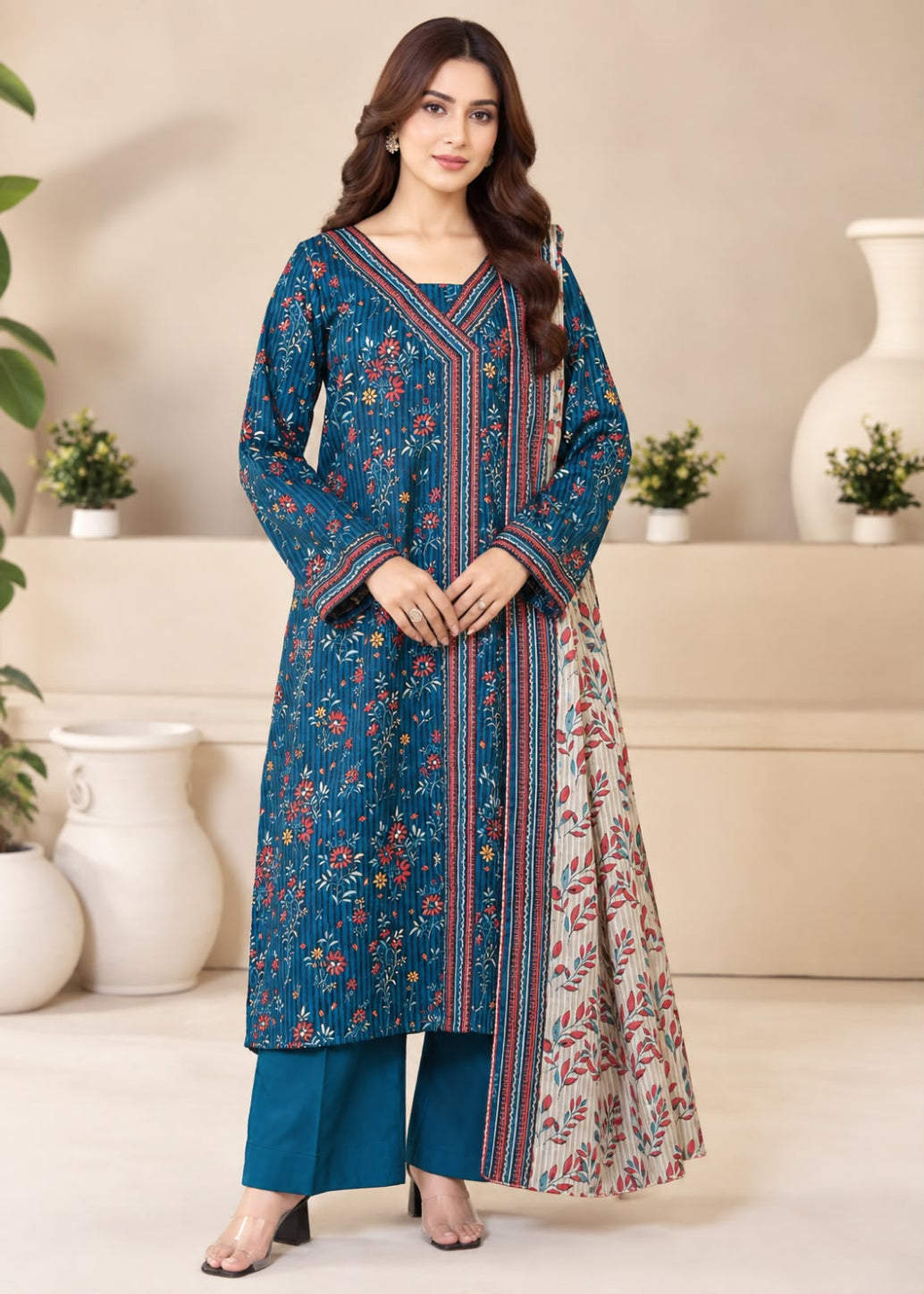 A woman models a long teal blue printed kurta with red and gold border details, paired with matching teal wide-leg pants in a styled indoor setting with beige walls and white vases.