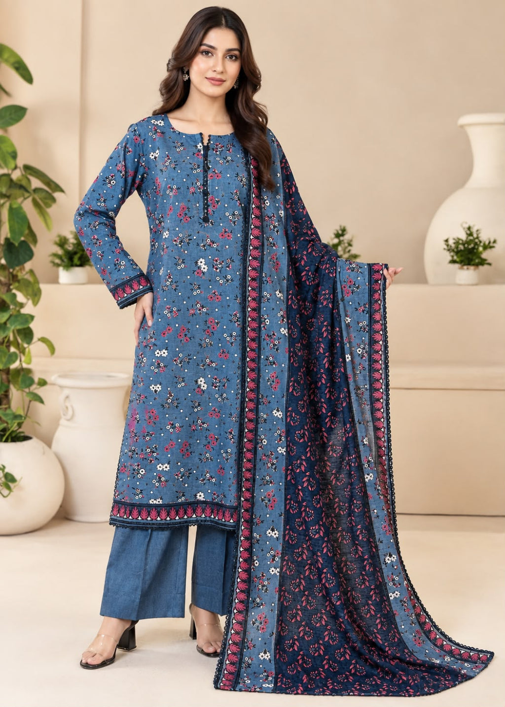 A woman models a three-piece Indian salwar kameez suit set. The set includes a blue long kurta with a red and white floral print, matching blue wide-leg pants, and a sheer navy blue dupatta with a red and white floral print and border.