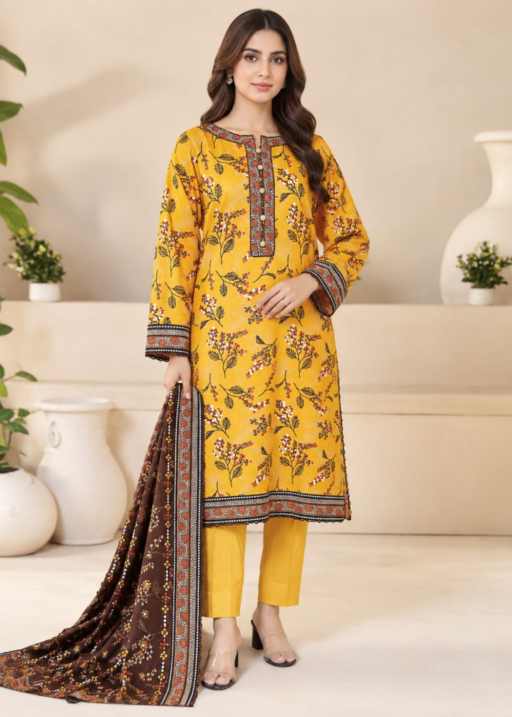 A woman models a three-piece Indian ethnic salwar kameez suit set. The set features a mustard yellow printed kurta with brown and orange floral motifs, matching yellow trousers, and a dark brown dupatta with a detailed multicolor border.