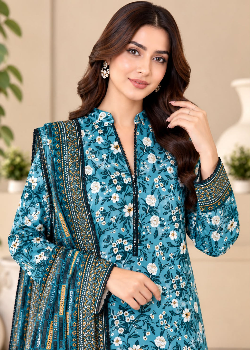 A woman modeling a teal blue floral printed salwar kameez suit with a matching dupatta, featuring intricate gold and black embroidery on the sleeves and collar.