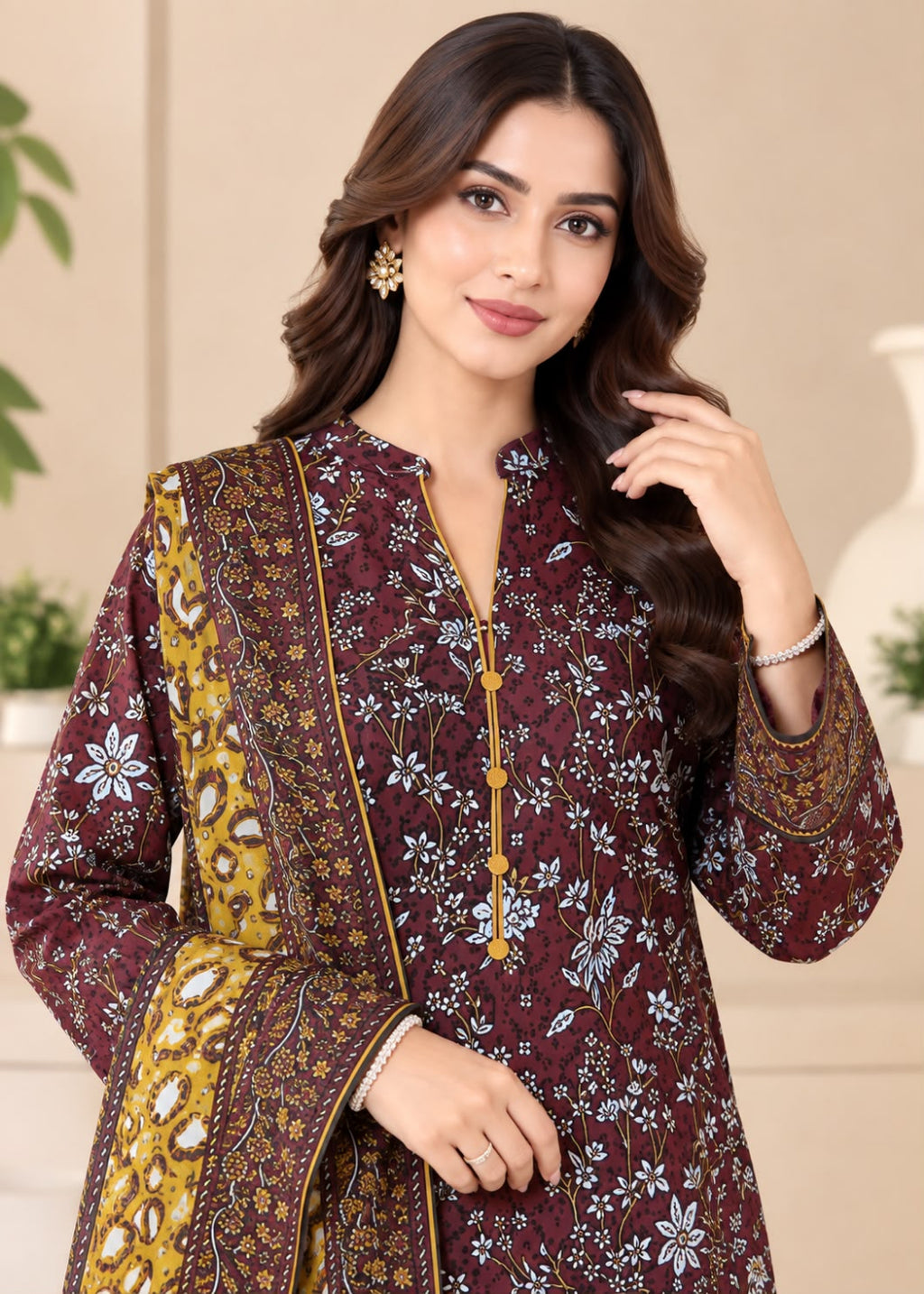A woman modeling a traditional three-piece salwar kameez suit. The kurta is maroon with white and light blue floral prints, featuring a gold button placket.