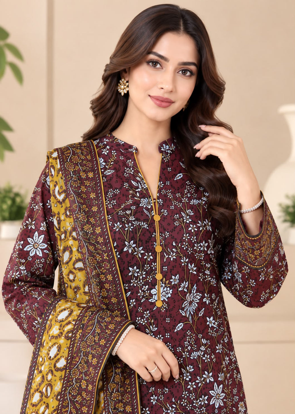 A woman modeling a traditional three-piece salwar kameez suit. The kurta is maroon with white and light blue floral prints, featuring a gold button placket.