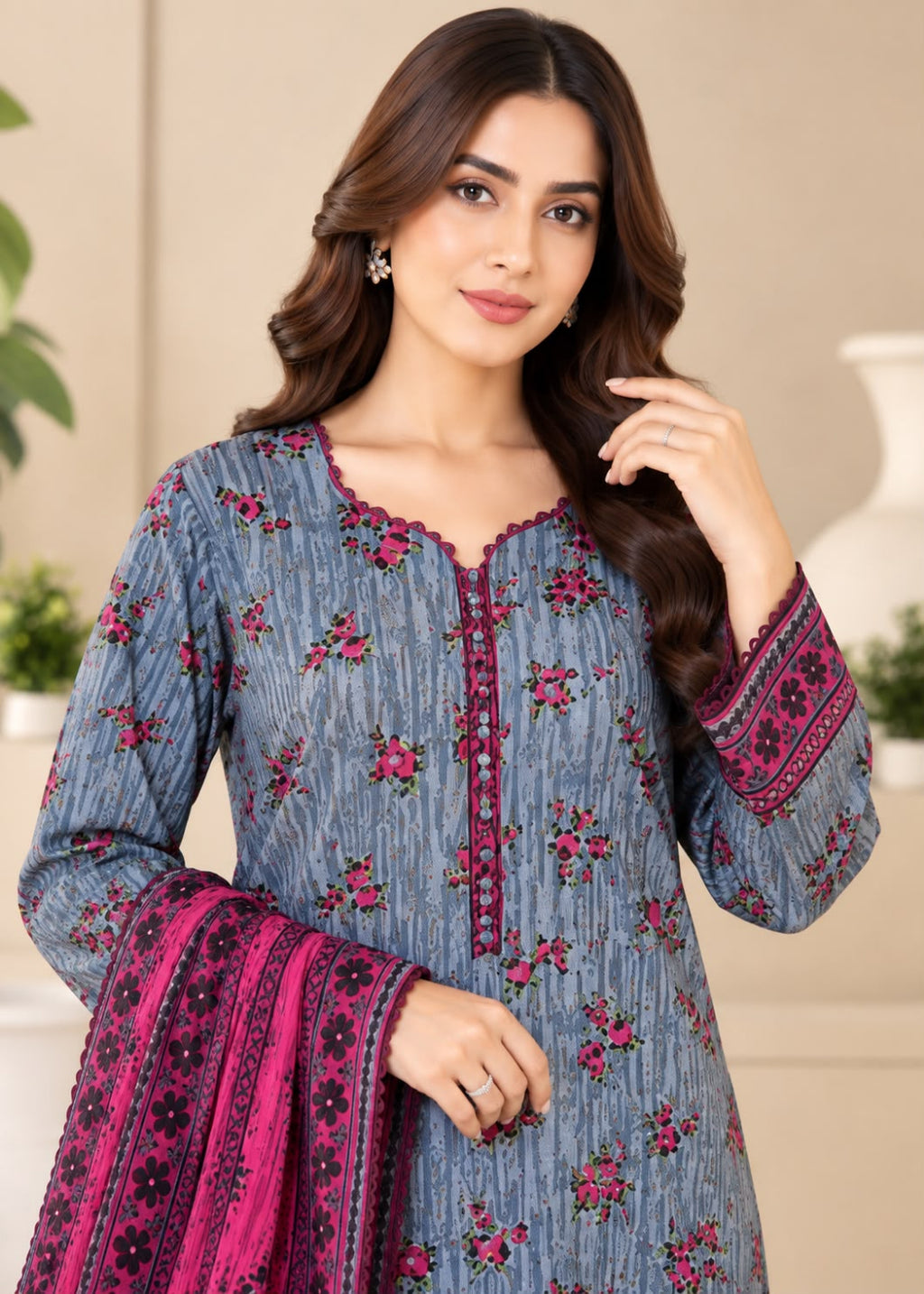 A woman modeling a blue-gray fluted kurta with pink and red floral embroidery, paired with a matching pink dupatta, set against a warm beige background.