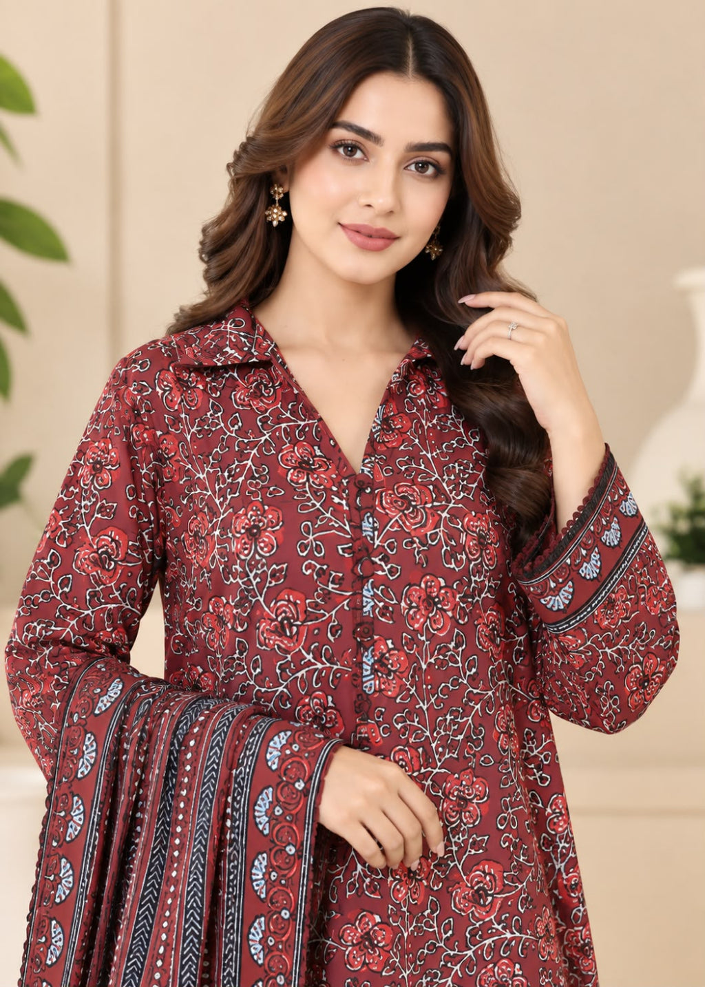 A woman modeling a red and black printed kurta with a matching dupatta, featuring a floral and geometric pattern.