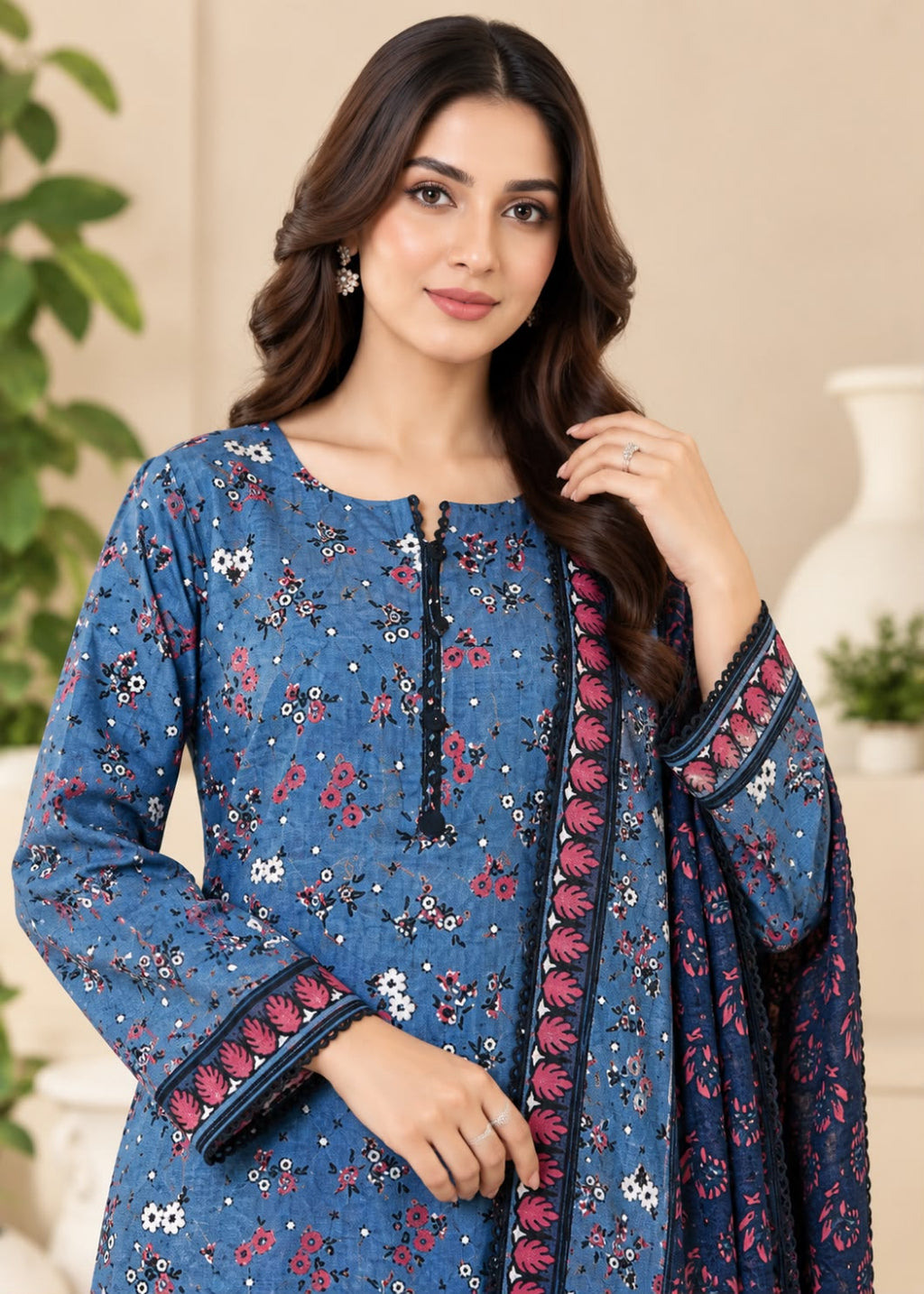A woman modeling a blue floral printed kurta with a matching dupatta, featuring pink and white floral motifs and embroidered cuffs, set against a warm beige background with soft green plants.