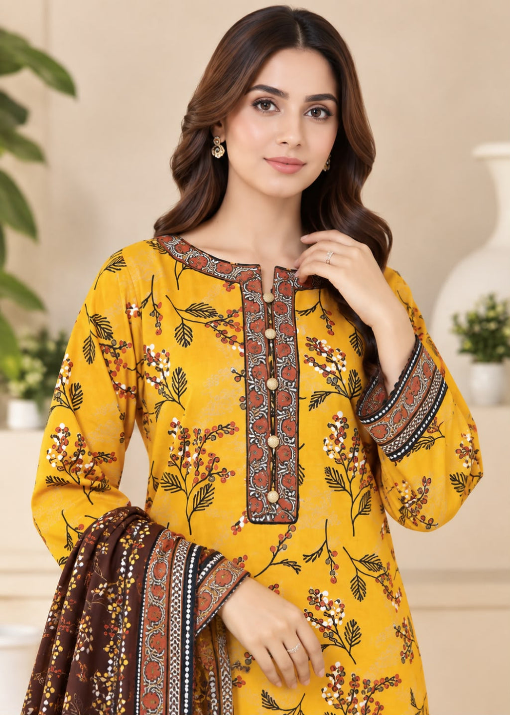 A woman modeling a yellow ethnic kurta with a floral print and brown patterned dupatta, set against a warm beige background with soft decorative plants.