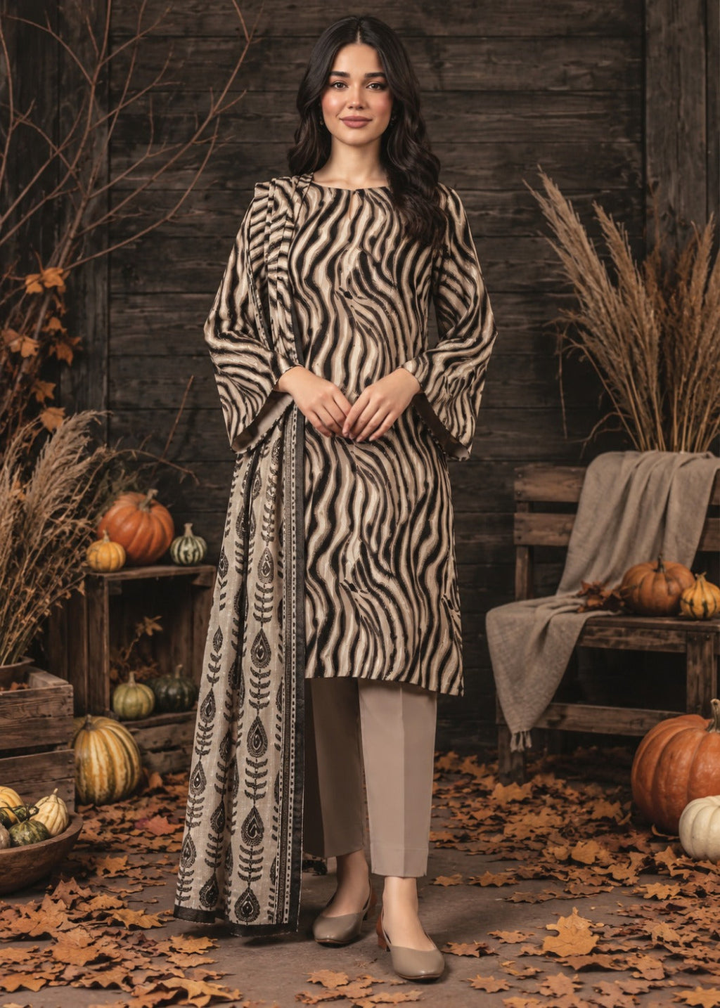 A woman stands in a rustic autumn setting wearing a beige and black zebra-print kurta with a matching printed dupatta, paired with light beige pants and beige flats. The background features a dark wooden wall, pumpkins, and dry grass.