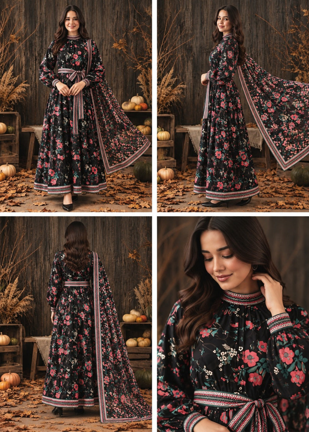 A woman modeling a long black floral dress with pink and red flowers, white and blue patterned borders, and a matching belt in a rustic autumn-themed setting with pumpkins and dry grass. Four-panel collage shows front, back, and close-up views.