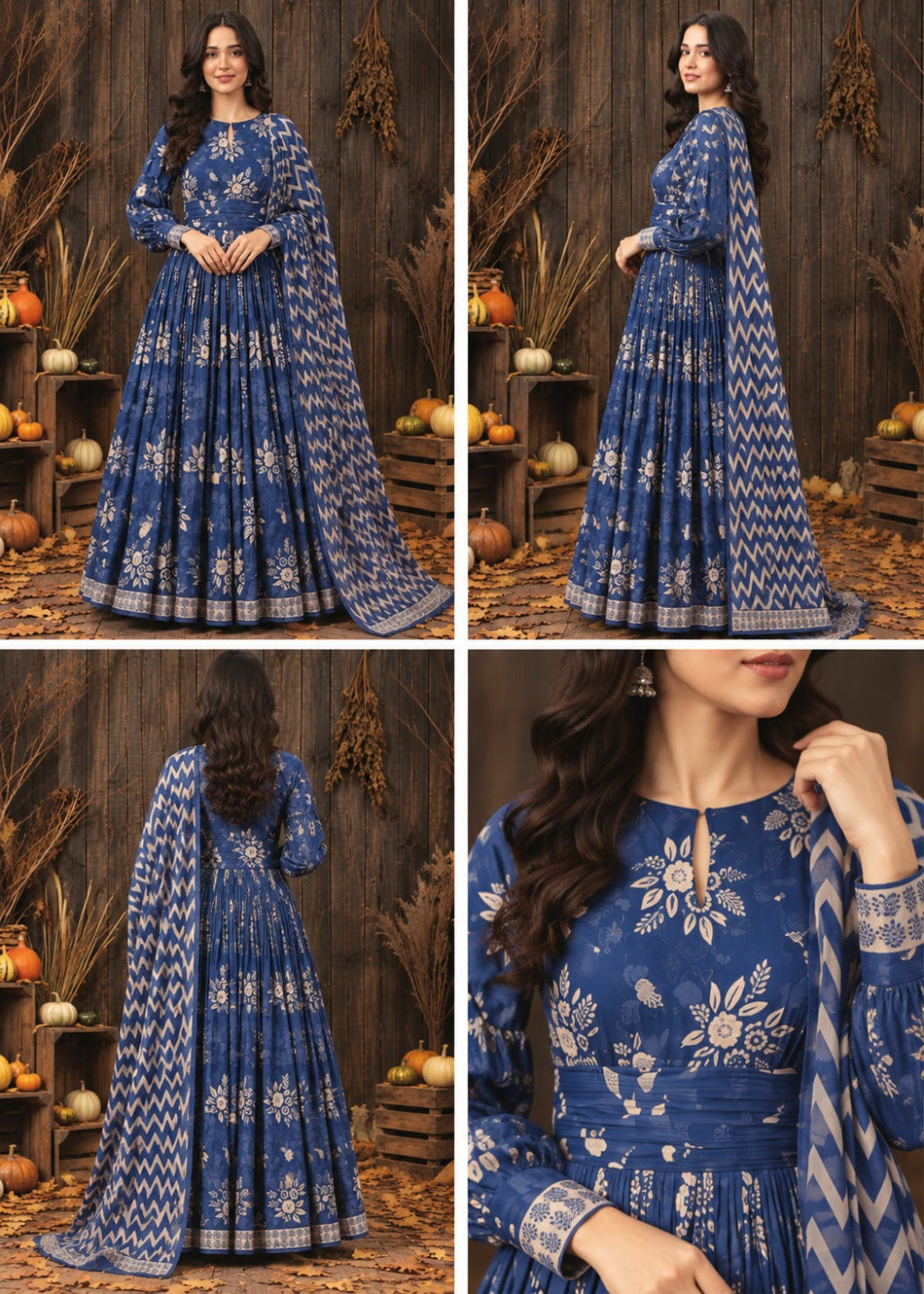 A four-panel collage showing a woman modeling a royal blue anarkali-style dress with intricate white floral and geometric patterns, set against a rustic autumn backdrop with pumpkins and dried grass.