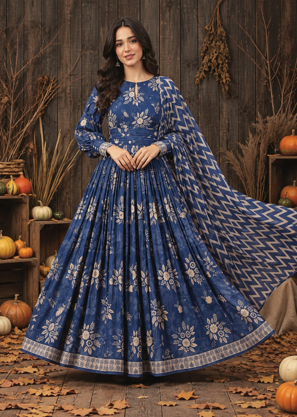 A woman models a royal blue anarkali-style dress with beige floral prints and a matching patterned dupatta, posed in front of a rustic wooden wall decorated with pumpkins and autumn leaves.