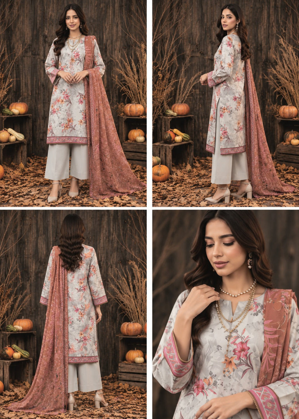 A four-panel collage showing a woman modeling a traditional floral salwar kameez outfit with a matching dupatta in an autumn-themed setting with pumpkins and dry leaves. The outfit has a light gray base with pink, orange, and green floral patterns, paired with light gray pants and a dusty rose dupatta with pink borders.