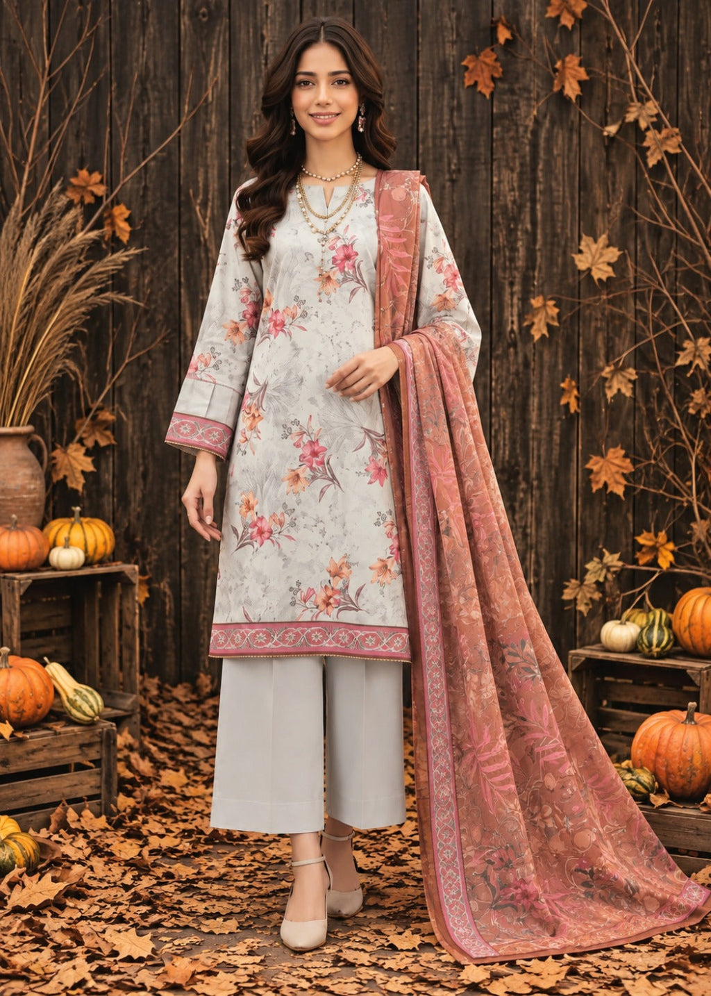 A woman stands outdoors in a rustic autumn setting with wooden fencing, pumpkins, and fallen leaves, wearing a light gray floral kurta with a pink patterned dupatta and light gray wide-leg pants.