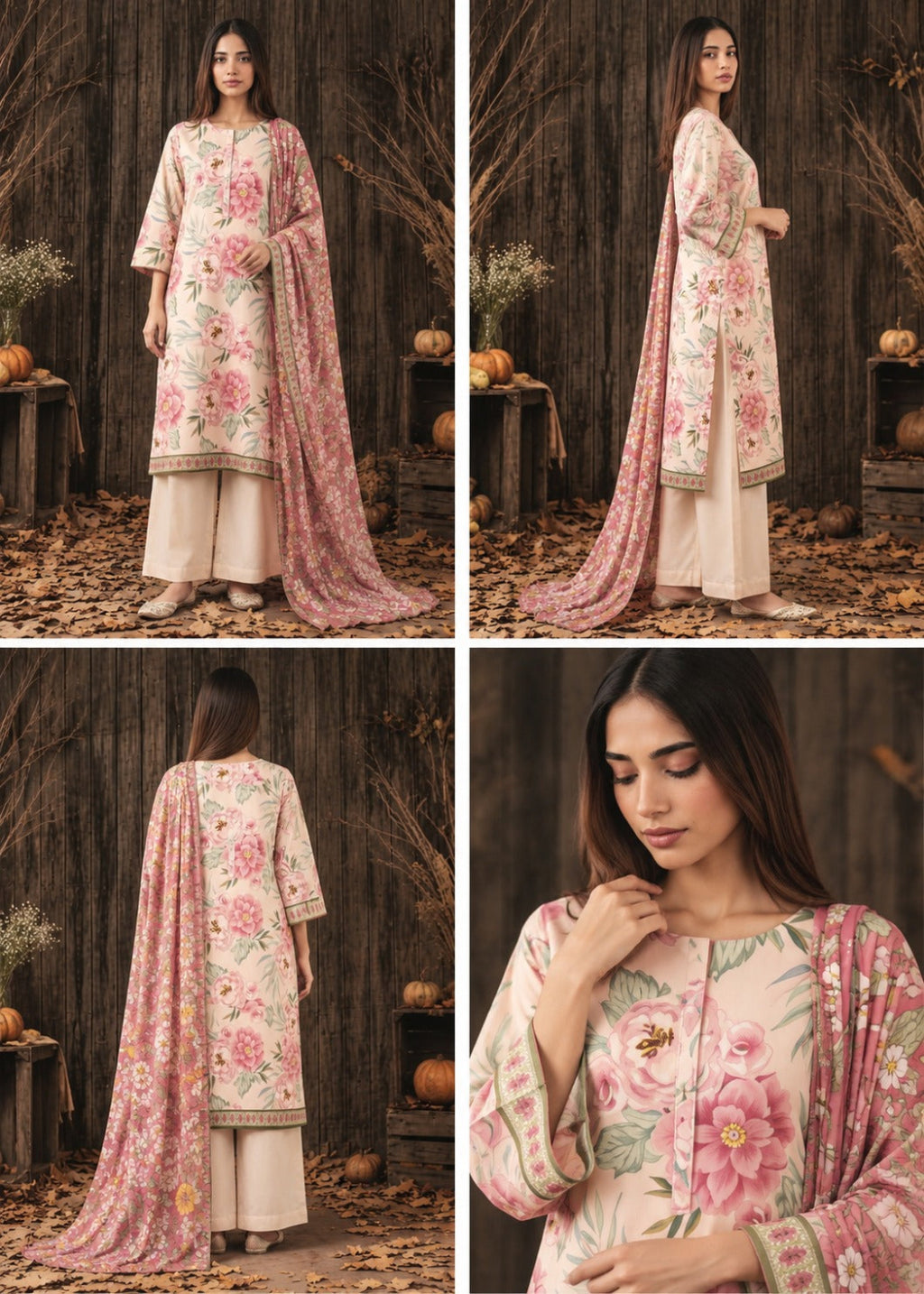 A four-panel collage showing a woman modeling a traditional floral salwar kameez outfit. The outfit has a light beige base with large pink and green floral prints, paired with beige palazzo pants and a matching pink dupatta.