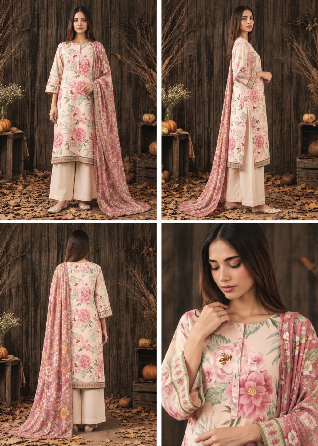A four-panel collage showing a woman modeling a traditional floral salwar kameez outfit. The outfit has a light beige base with large pink and green floral prints, paired with beige palazzo pants and a matching pink dupatta.