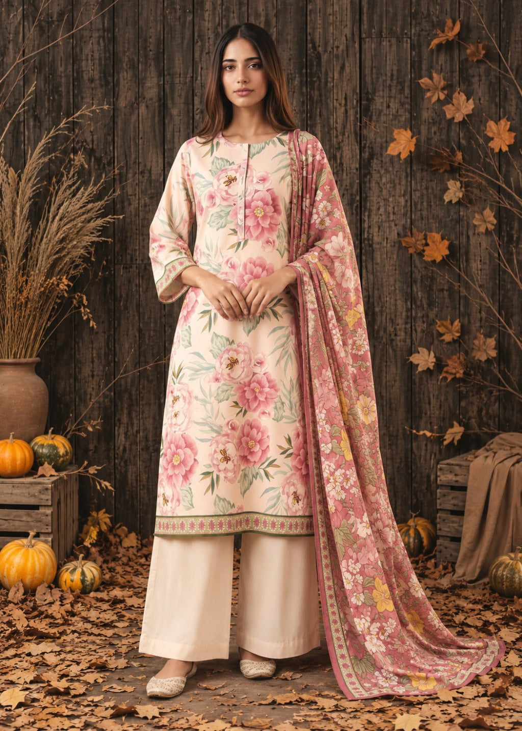 A woman stands outdoors against a rustic wooden wall, wearing a cream-colored traditional outfit with pink floral embroidery and a matching pink dupatta. The scene includes pumpkins, dry grass, and scattered autumn leaves.