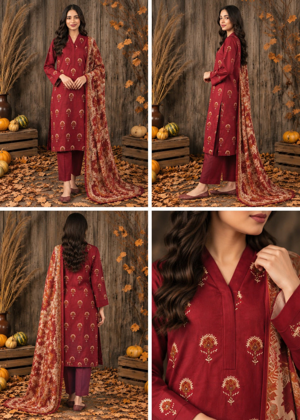 A four-panel collage showing a woman modeling a deep red salwar kameez suit with gold floral embroidery and a matching patterned dupatta, posed against a rustic wooden backdrop with autumn leaves and pumpkins.