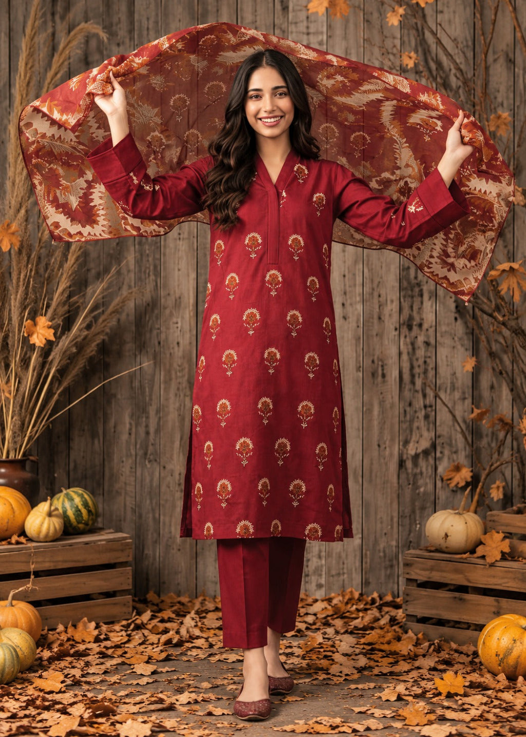 A woman stands in a rustic fall-themed setting wearing a deep red kurta and matching pants, holding up a matching patterned dupatta. The background features a wooden wall, dry grass, pumpkins, and scattered autumn leaves.