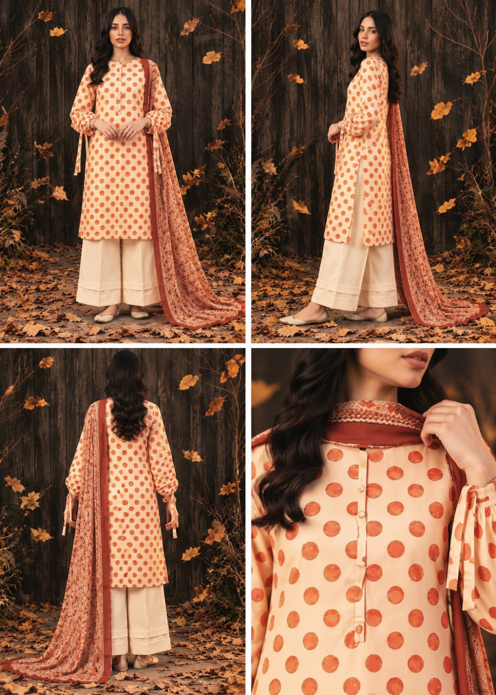 A four-panel collage showing a woman modeling a peach and rust-orange printed salwar kameez suit with a matching dupatta, posed against a dark wood backdrop with scattered autumn leaves.