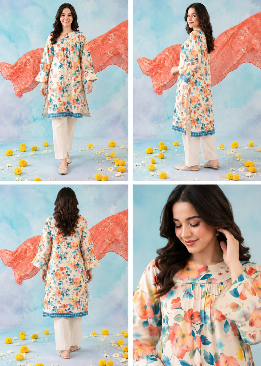 Four-panel collage showing a woman modeling a floral tunic with white wide-leg pants against a light blue backdrop with orange fabric and yellow flower props. The collage includes front, side, back, and close-up views of the outfit.