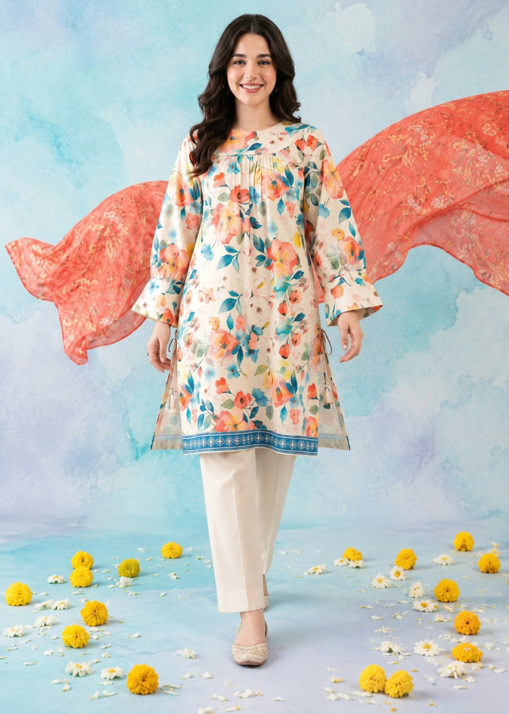 A woman models a three-piece Indian ethnic wear set featuring a cream-colored kurta with a vibrant multicolor floral print, paired with cream trousers and beige flat shoes. She is standing against a light blue watercolor backdrop with decorative orange fabric and yellow flowers.