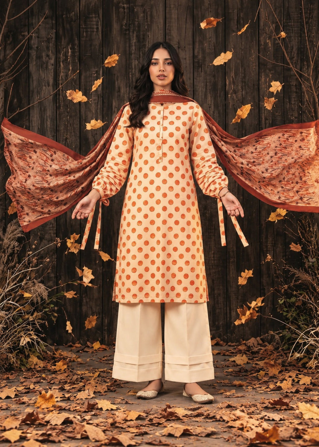 A woman stands outdoors in front of a dark wooden wall with scattered autumn leaves, wearing a peach kurta with orange polka dots, wide cream pants, and a rust-colored patterned dupatta spread wide on both sides.