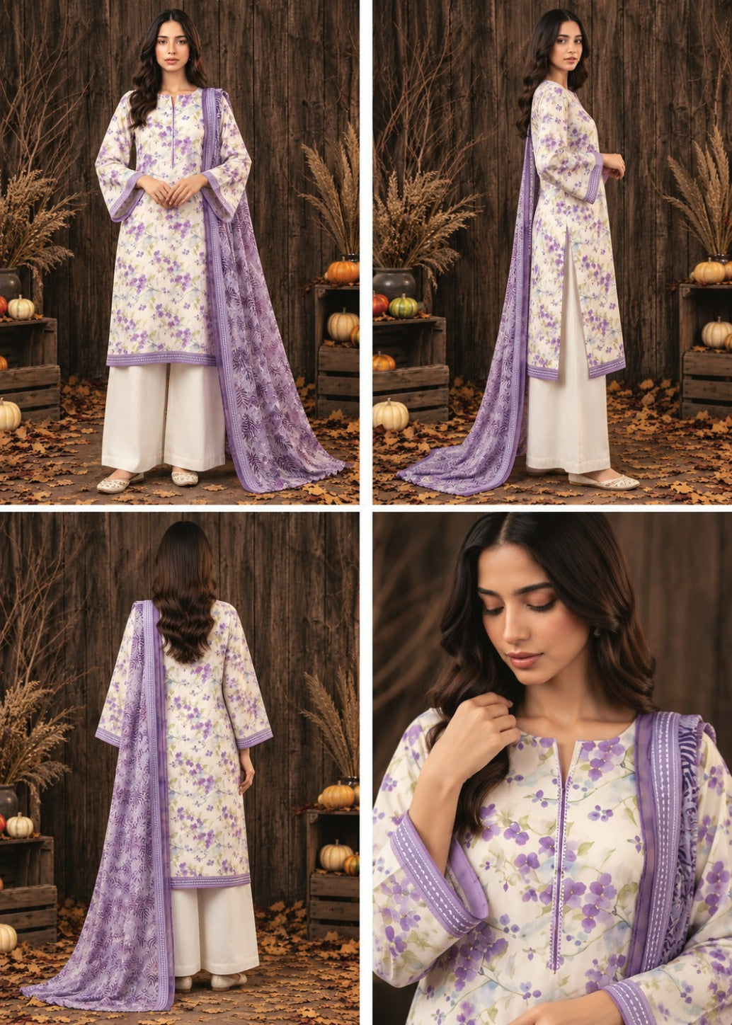 A four-panel collage showing a woman modeling a traditional outfit in a rustic outdoor setting with wooden walls, dried plants, and pumpkins. The outfit consists of a white kurta with a purple floral print and lavender border details, paired with white wide-leg pants and a matching lavender dupatta.