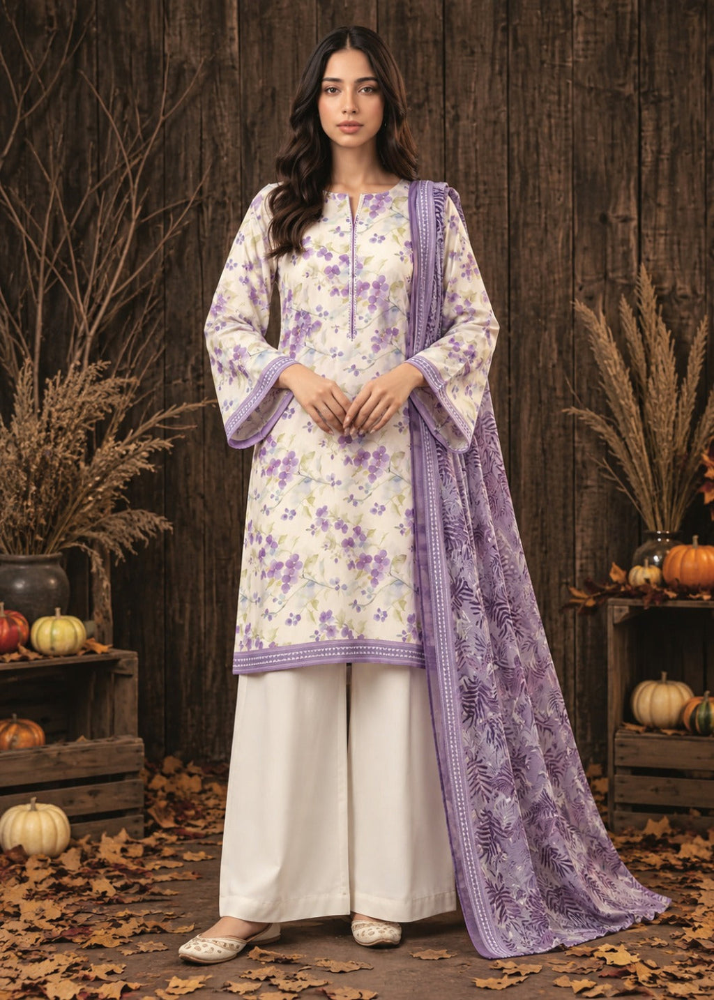 A woman stands in a rustic outdoor-style setting with a dark wood plank wall, autumn leaves on the ground, and decorative pumpkins and dried plants. She is wearing a traditional three-piece outfit: a cream-colored kurta with purple floral embroidery and a purple border, white wide-leg pants, and a matching purple dupatta.