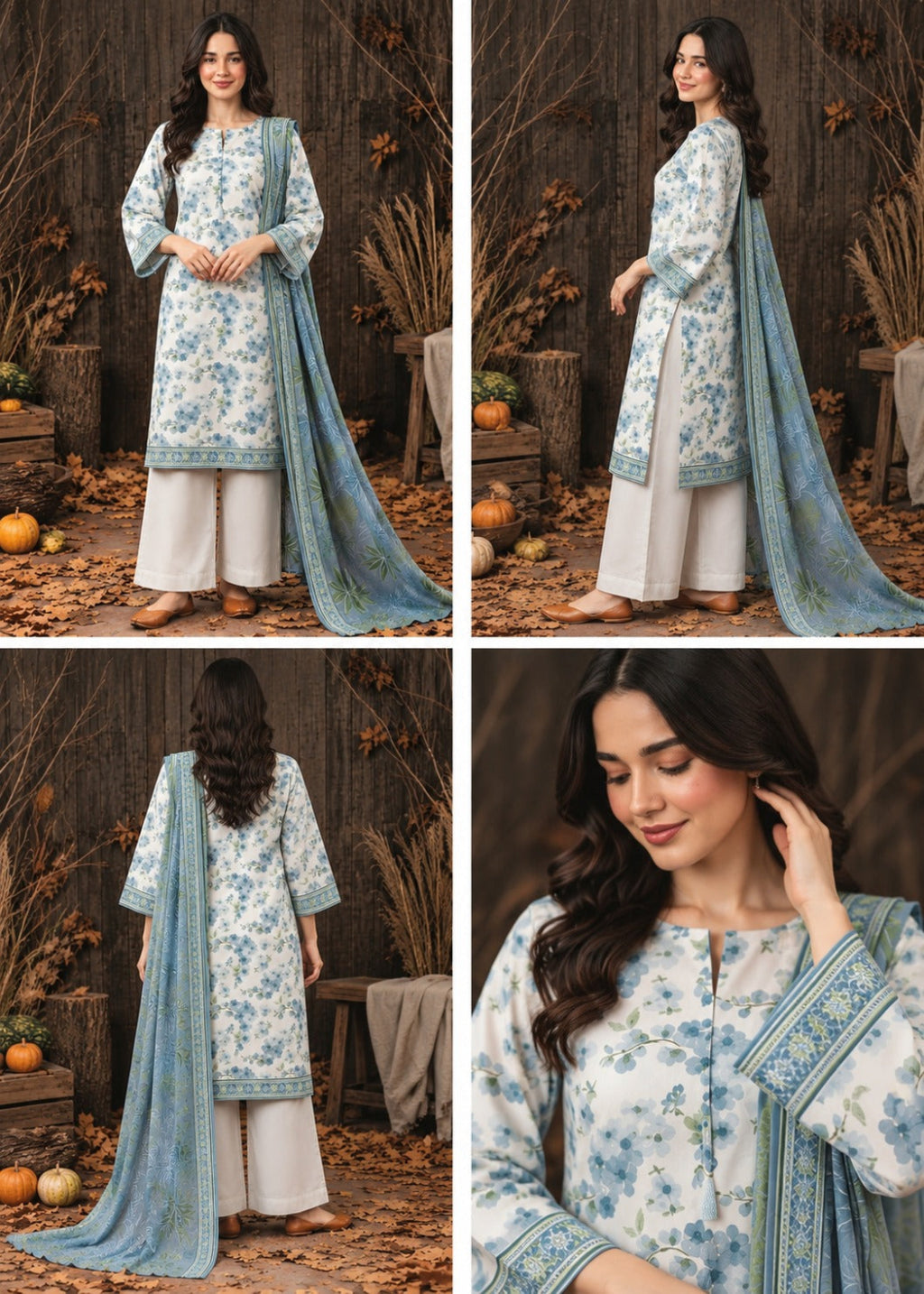A four-panel collage showing a woman modeling a light blue and white floral printed traditional outfit with wide-leg pants and a matching dupatta in an outdoor autumn setting with pumpkins and dried foliage.
