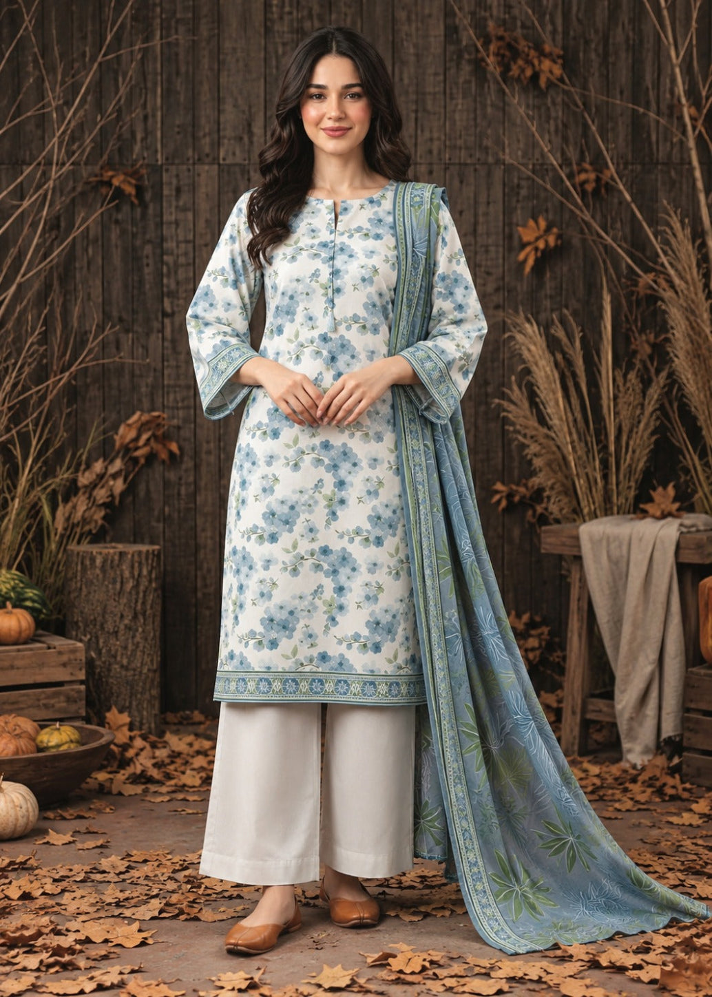 A woman models a traditional three-piece salwar kameez suit set. The set features a cream-colored kurta with a blue floral pattern, matching blue patterned dupatta, and off-white wide-leg trousers.