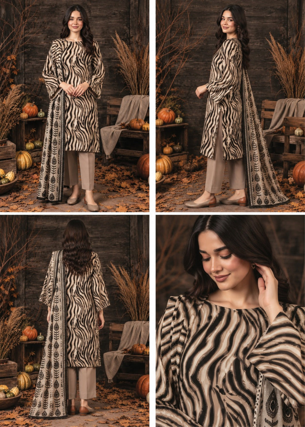 A four-panel collage showing a woman modeling a long-sleeve zebra-print tunic with matching pants and a patterned dupatta in an autumn-themed setting with pumpkins, dried grass, and a rustic wooden backdrop.