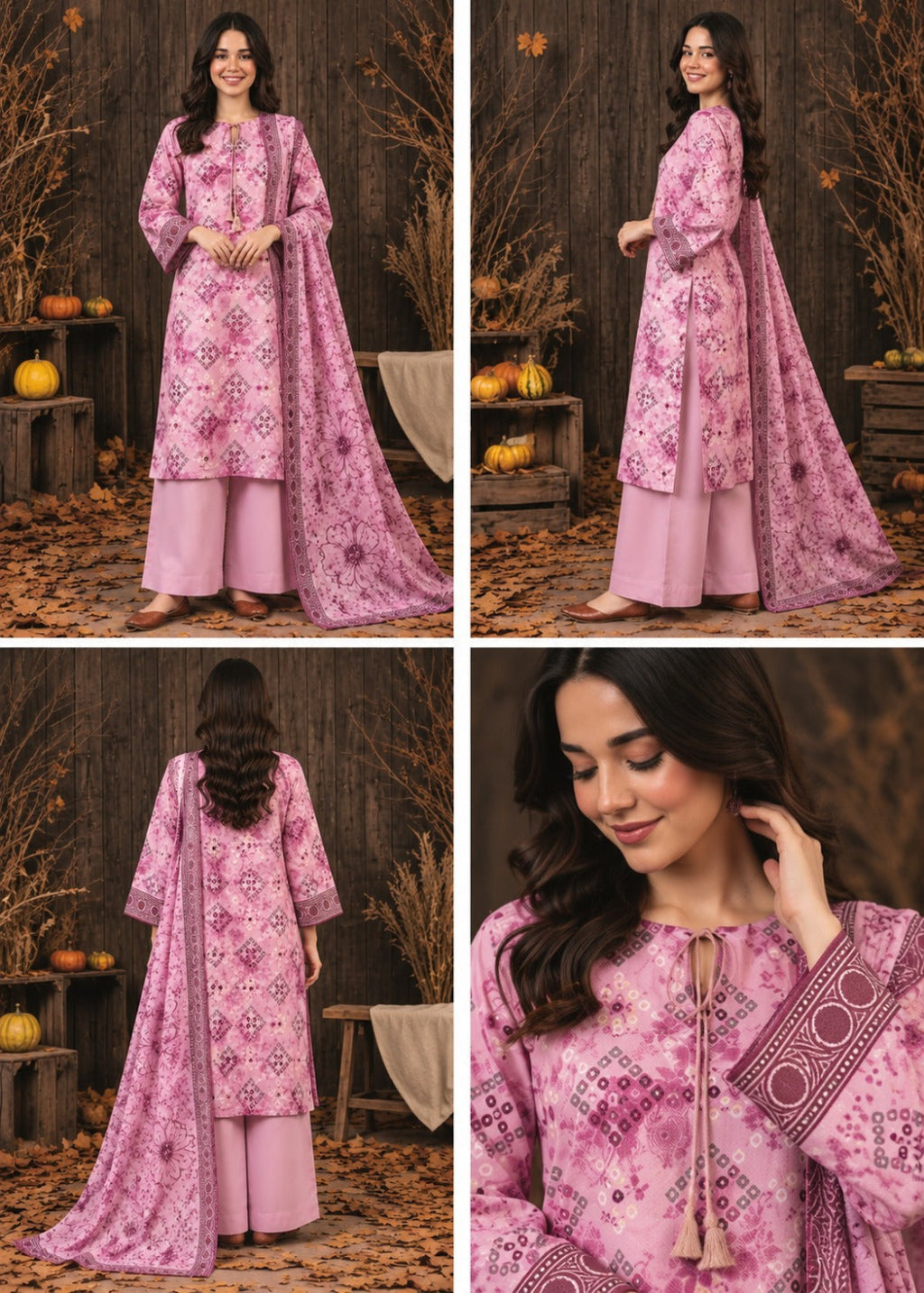 A four-panel collage showing a woman modeling a pink printed traditional outfit in an autumn-themed setting with pumpkins and dried foliage. The outfit includes a long kurta, wide sleeves, matching pants, and a draped dupatta.