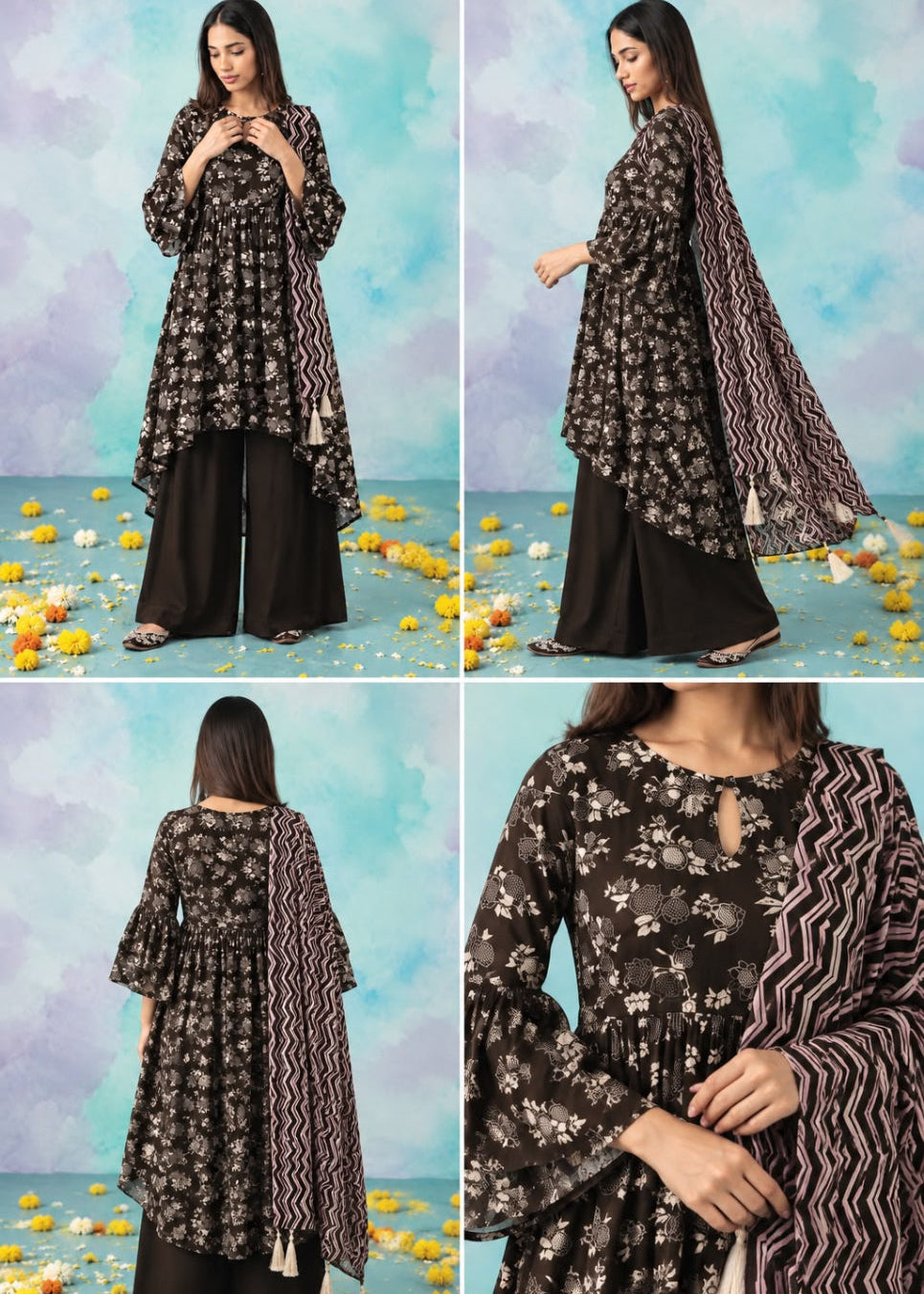 A four-panel collage showing a woman modeling a black floral kurta with wide black pants and a patterned dupatta, posed from front, side, back, and close-up views against a pastel blue backdrop with scattered yellow flowers.