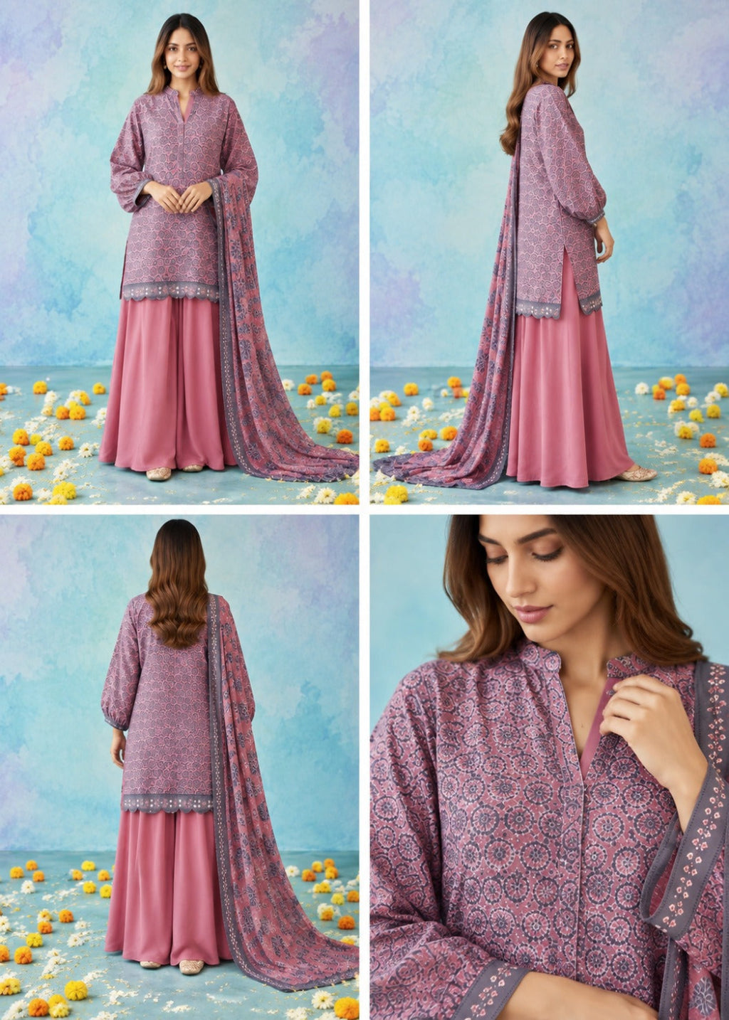 A four-panel collage showing a woman modeling a traditional outfit. The outfit consists of a lavender-purple printed kurta with a pink skirt and a matching dupatta.
