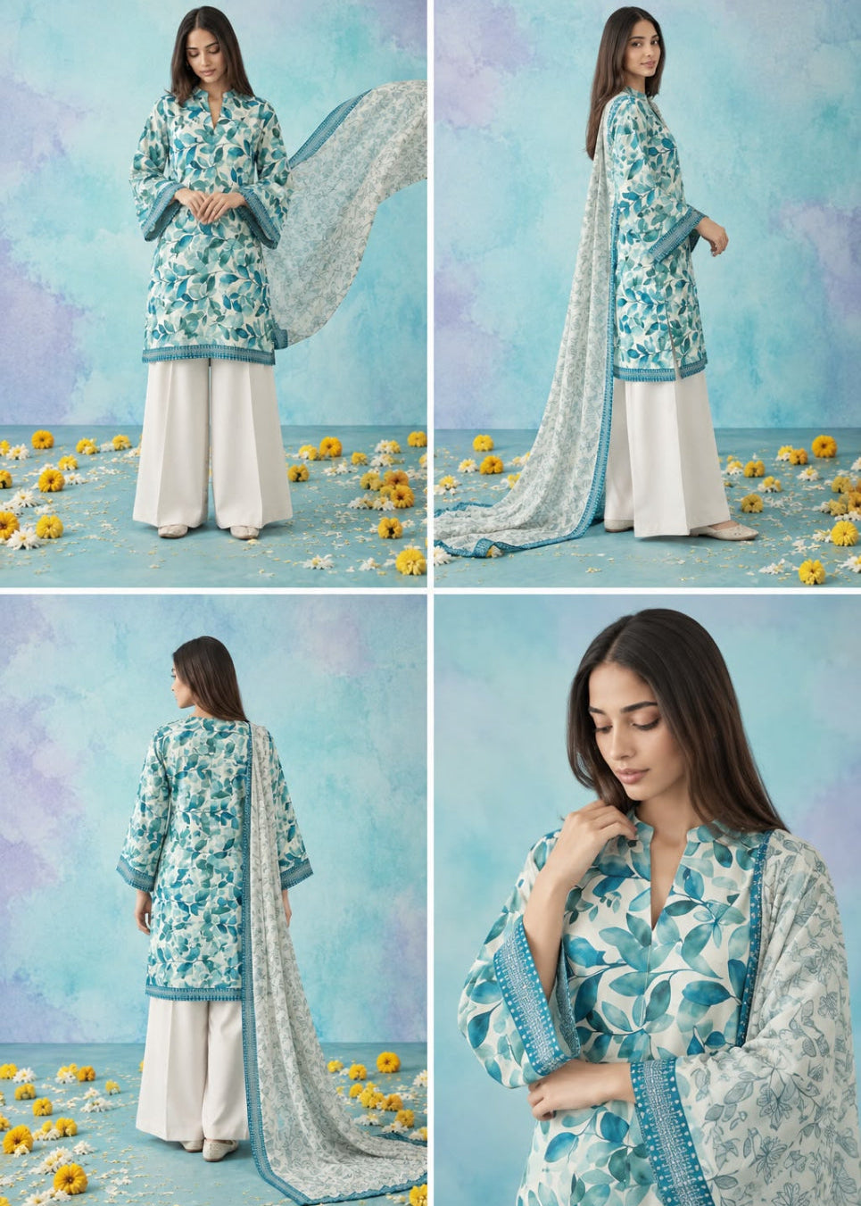 A four-panel collage showing a woman modeling a traditional outfit in a studio setting. The outfit consists of a light blue and white floral printed kurta, white wide-leg pants, and a matching sheer dupatta.