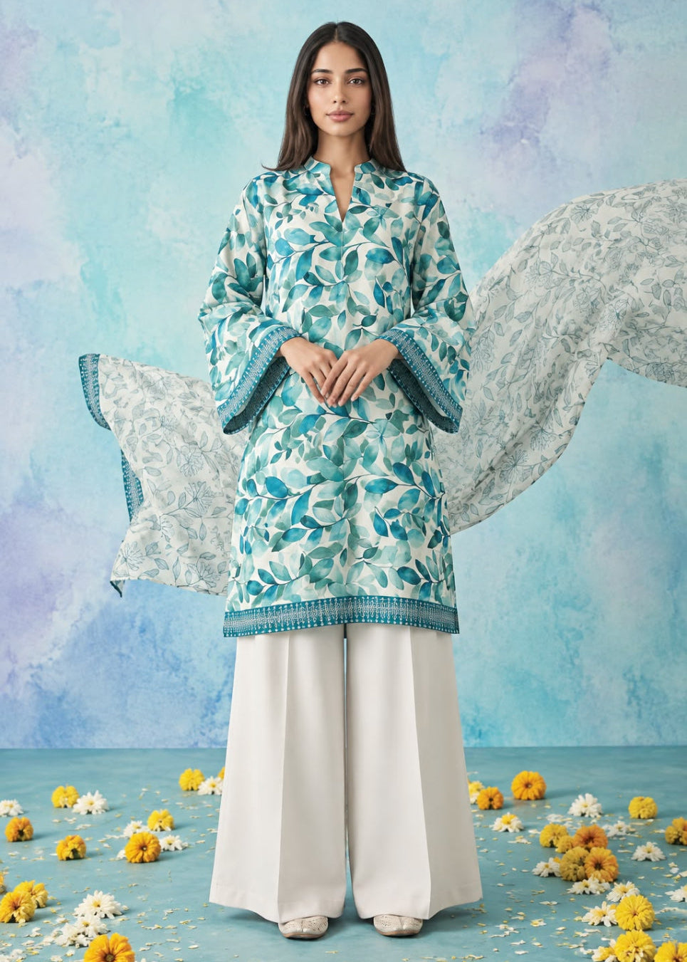 A woman stands against a textured blue backdrop wearing a teal and white floral printed kurta with wide sleeves, paired with white wide-leg pants and a matching sheer dupatta. Yellow and white flowers are scattered on the floor.