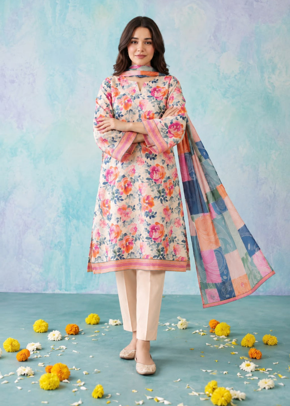 A woman models a traditional three-piece salwar kameez suit set. The set features a light pink kameez kurta with a vibrant multicolor floral print, cream-colored trousers, and a matching multicolor patchwork dupatta with pink borders.
