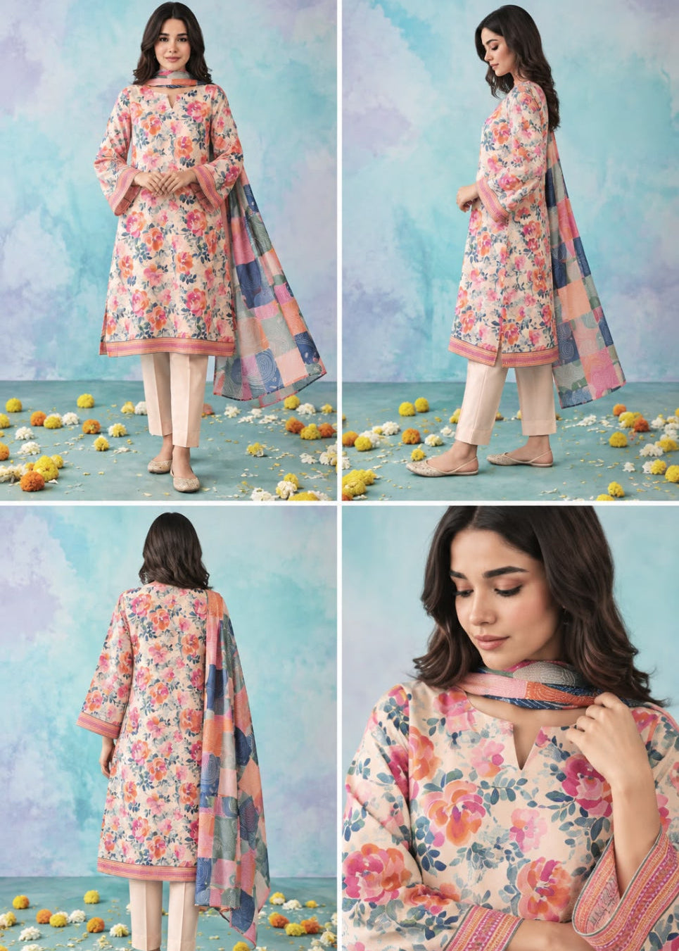 A four-panel collage showing a woman modeling a floral printed kurta set in a studio. The set includes a light pink and cream kurta with a colorful floral pattern, matching pants, and a coordinating dupatta.