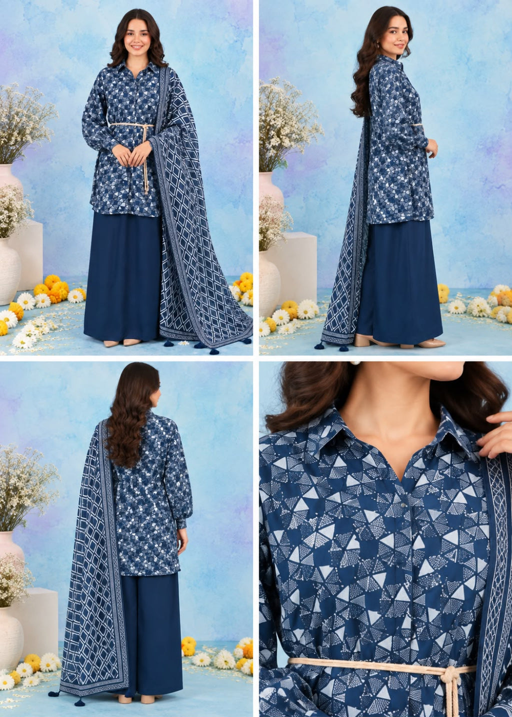 A four-panel collage showing a woman modeling a navy blue traditional outfit with a white geometric print, consisting of a long-sleeve kurta, matching wide-leg pants, and a draped dupatta, alongside a close-up of the printed fabric.